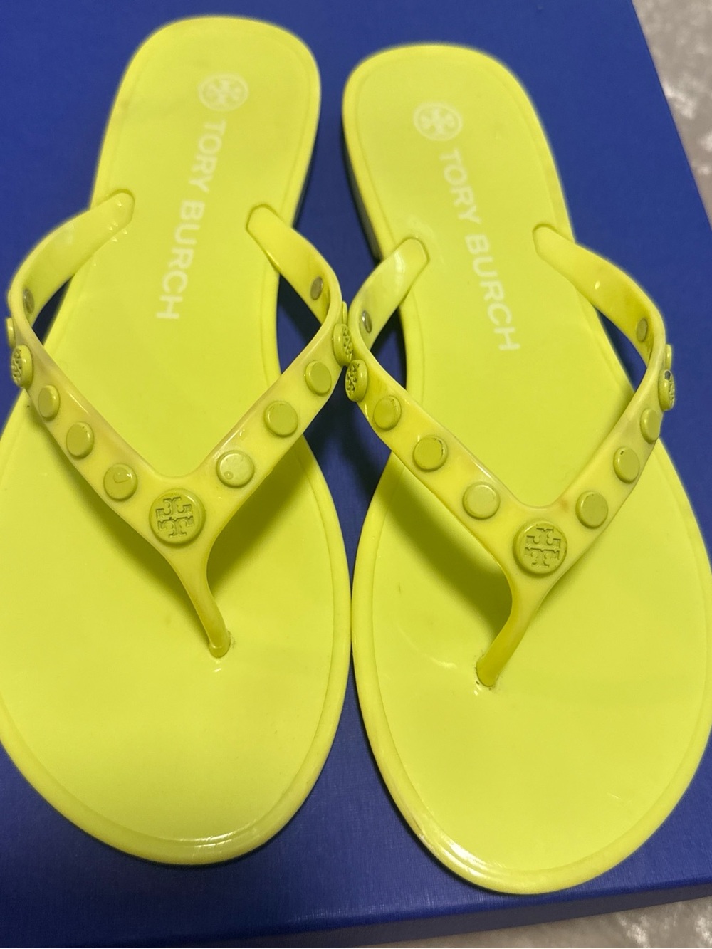 Tory Burch Neon Yellow Studded Jelly Thongs